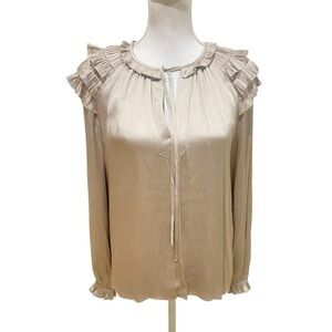 NWT Current Air taupe silky split neck blouse ruffle shoulder & cuffs sz medium